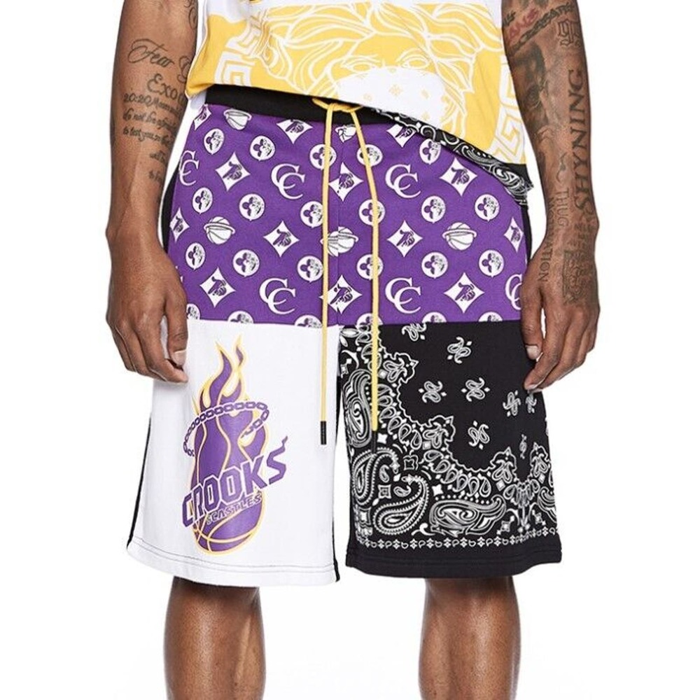 Crooks & Castles Men's Colorblock Los Angeles Lakers Color Theme Sweat Shorts